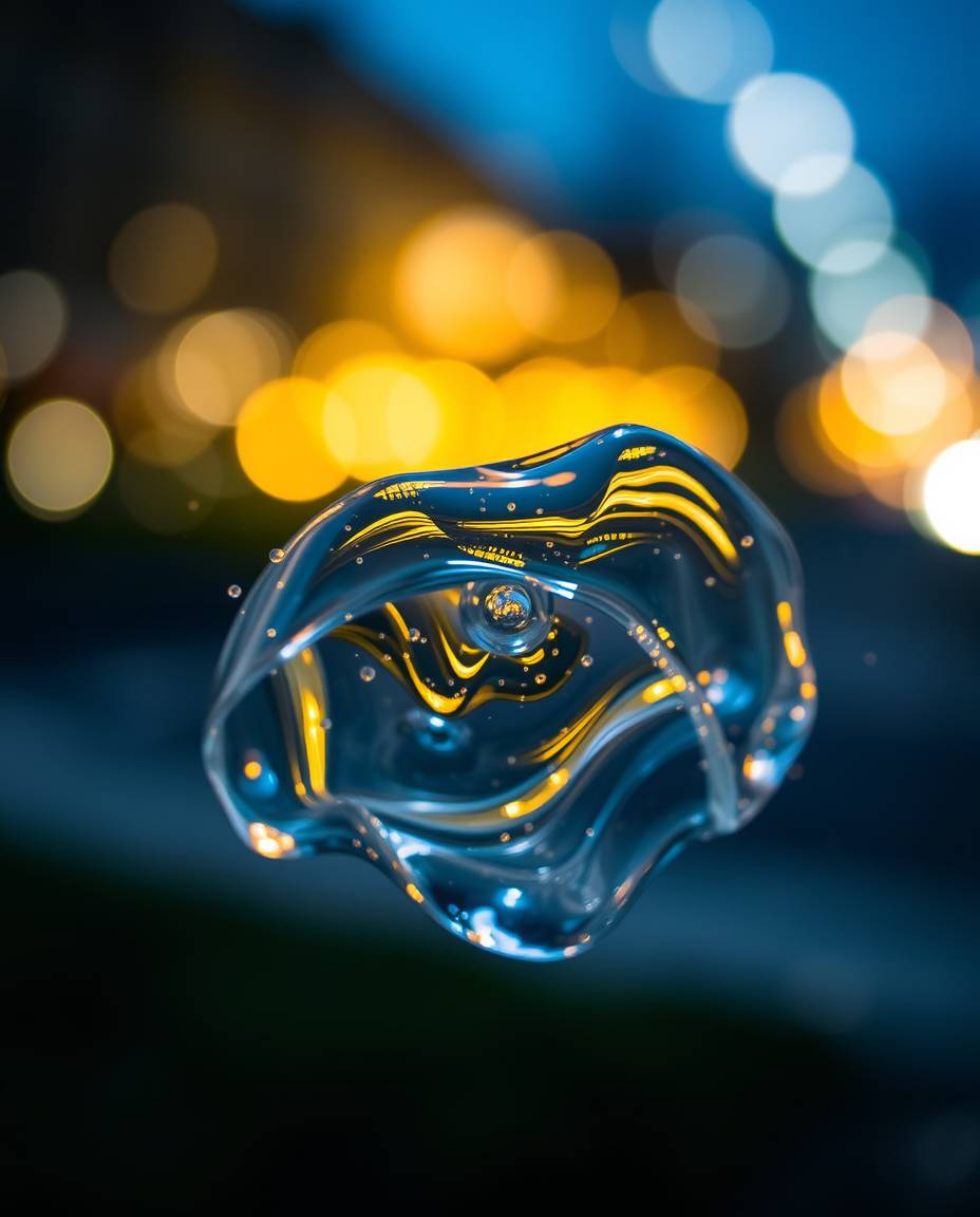 Long-exposure photography captures the mesmerizing blend of blurred bokeh and fluid, glassy 3D shapes in motion, all bathed i