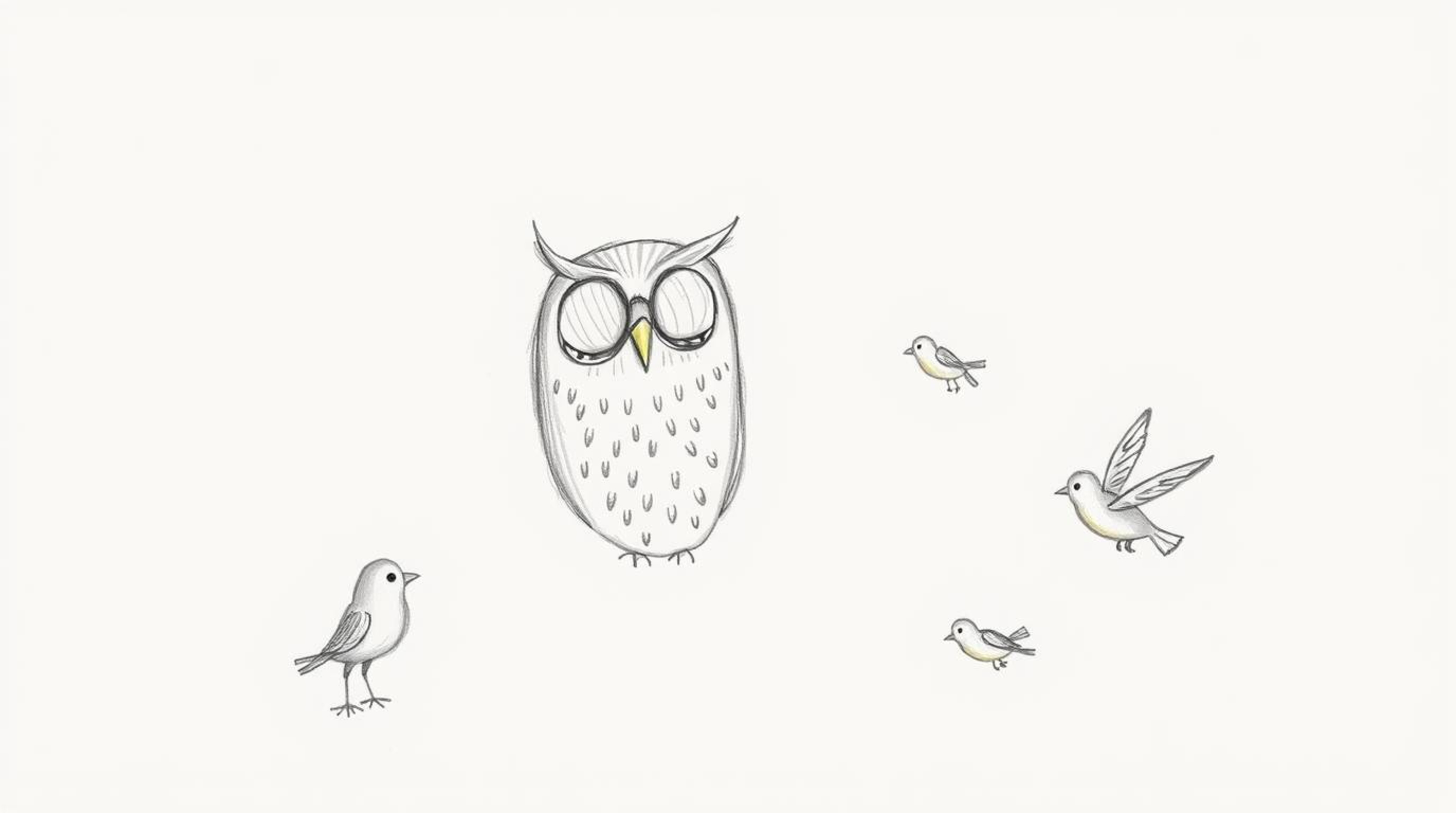 A heartwarming Pixar-style sketch of a blind owl, rendered with soft pencil strokes, imparting the wisdom of flight to a dive