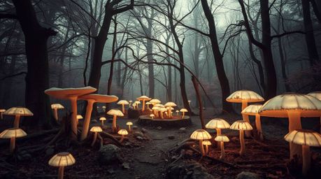 Discover a breathtaking, surreal depiction of a vintage-style enchanted forest.  Glowing mushrooms cast an ethereal glow agai