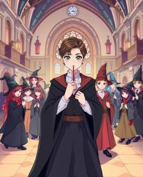 This vibrant illustration captures the essence of a graceful and elegant magical school teeming with young wizards. Showcasin