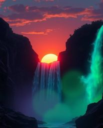 This digital artwork portrays a captivating scene of a sun setting behind a dramatic waterfall. The composition is defined by