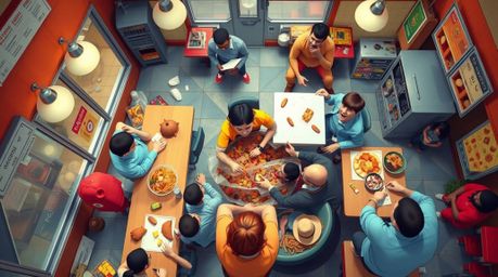A chaotic and hilarious overhead shot captures a spontaneous food fight erupting in a vibrant cartoon cafeteria. This candid 