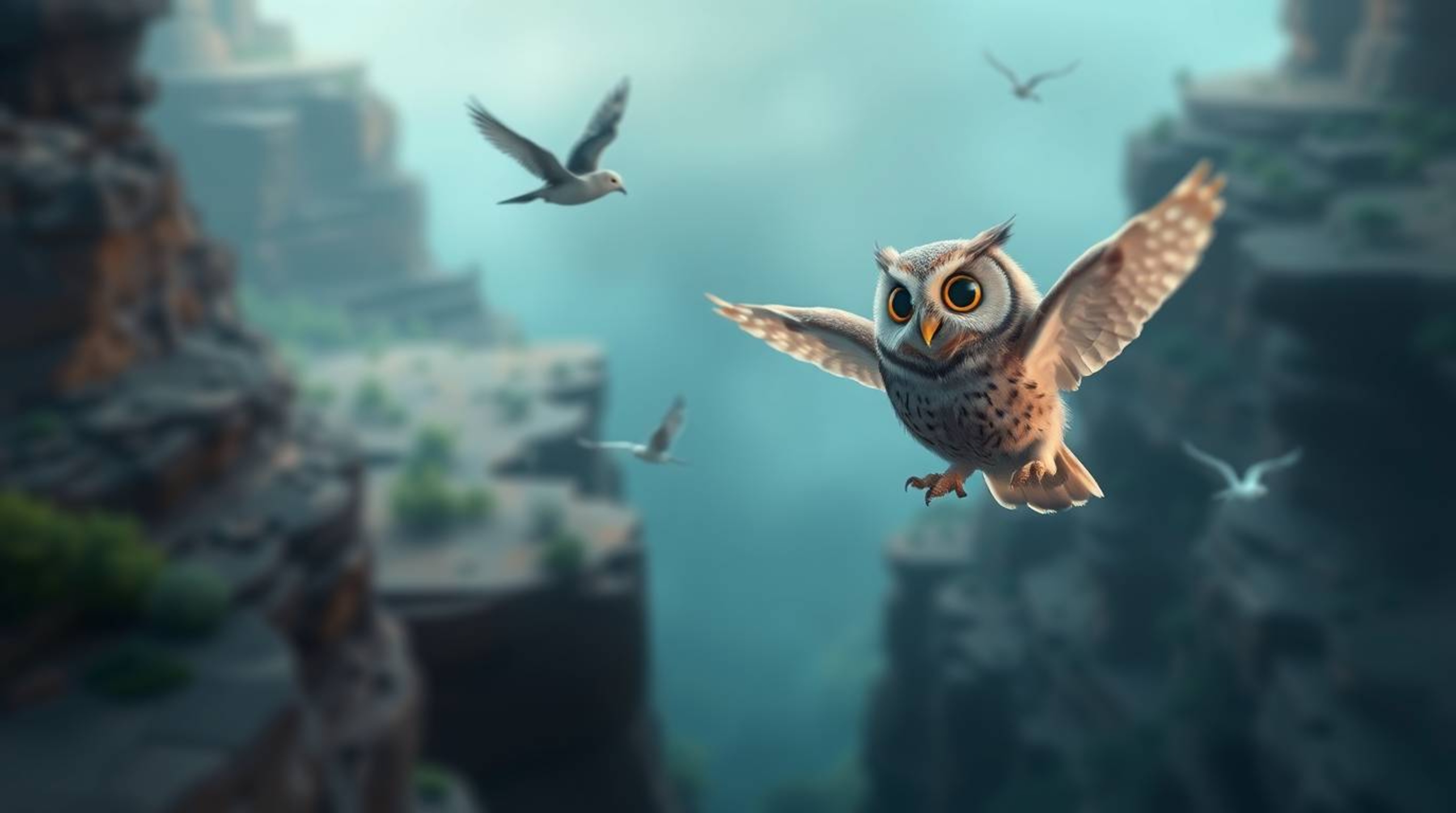 A captivating long exposure photograph showcasing a blind, wise owl in a Pixar-style rendition, teaching birds to fly through