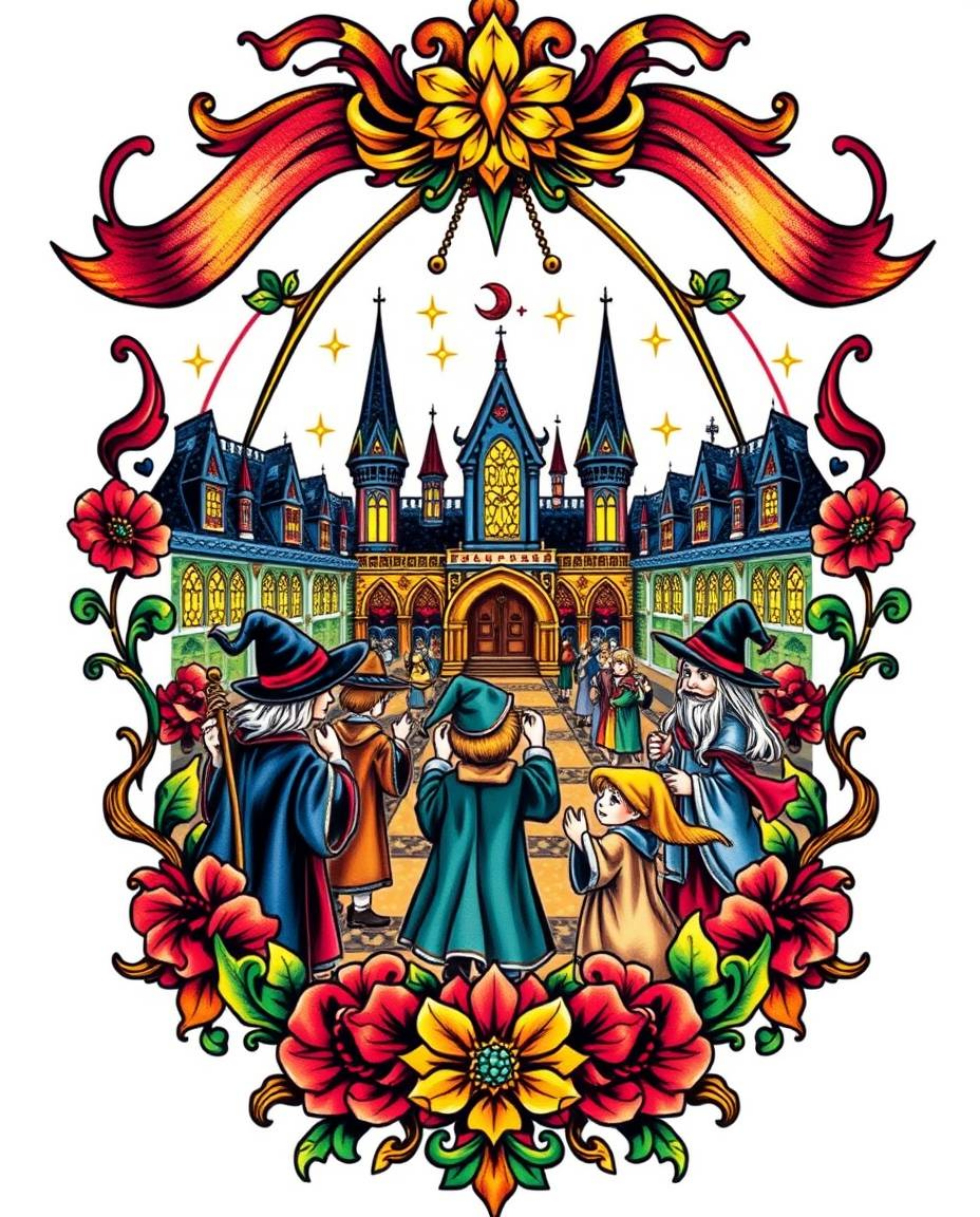This symbolic traditional tattoo art print showcases a magical school teeming with young wizards. The design features bright,