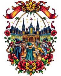 This symbolic traditional tattoo art print showcases a magical school teeming with young wizards. The design features bright,