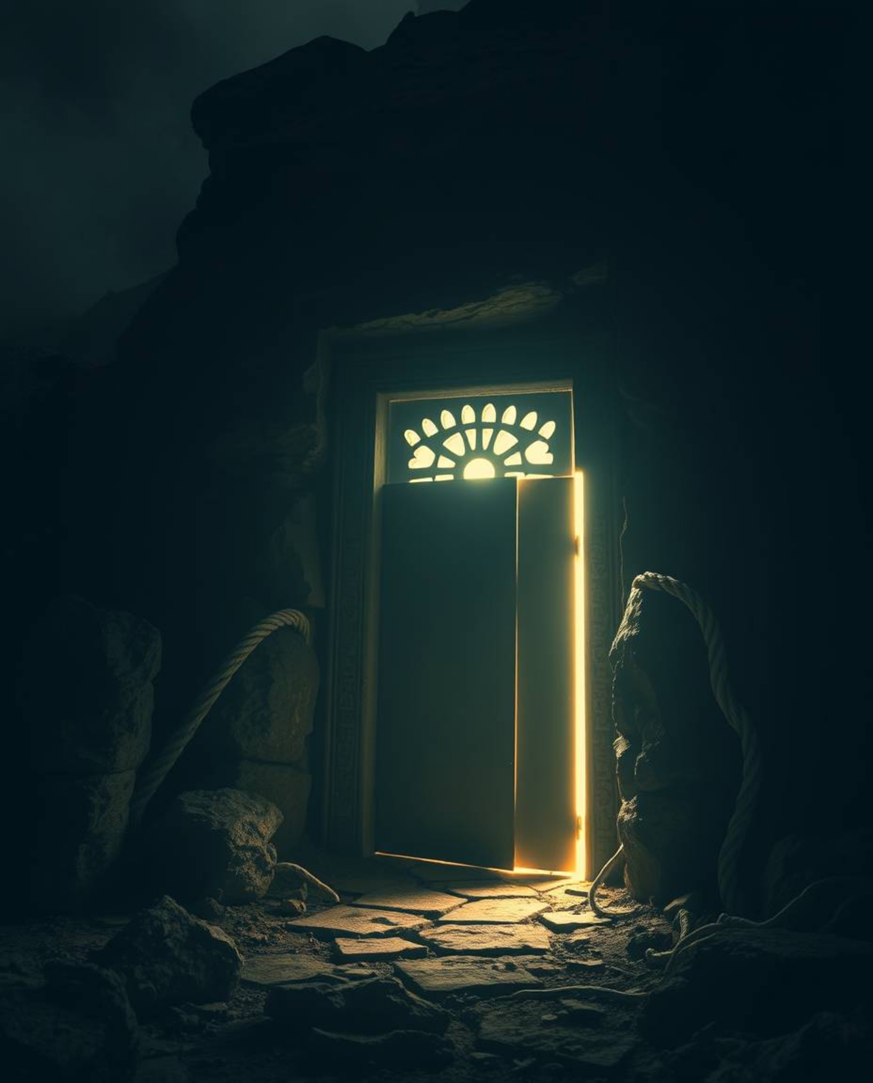 Experience the ethereal and mystical in this high-contrast, low-key depiction of an ancient doorway glowing with runes on a m