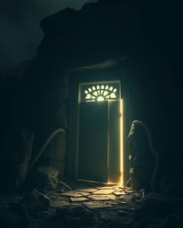 Experience the ethereal and mystical in this high-contrast, low-key depiction of an ancient doorway glowing with runes on a m