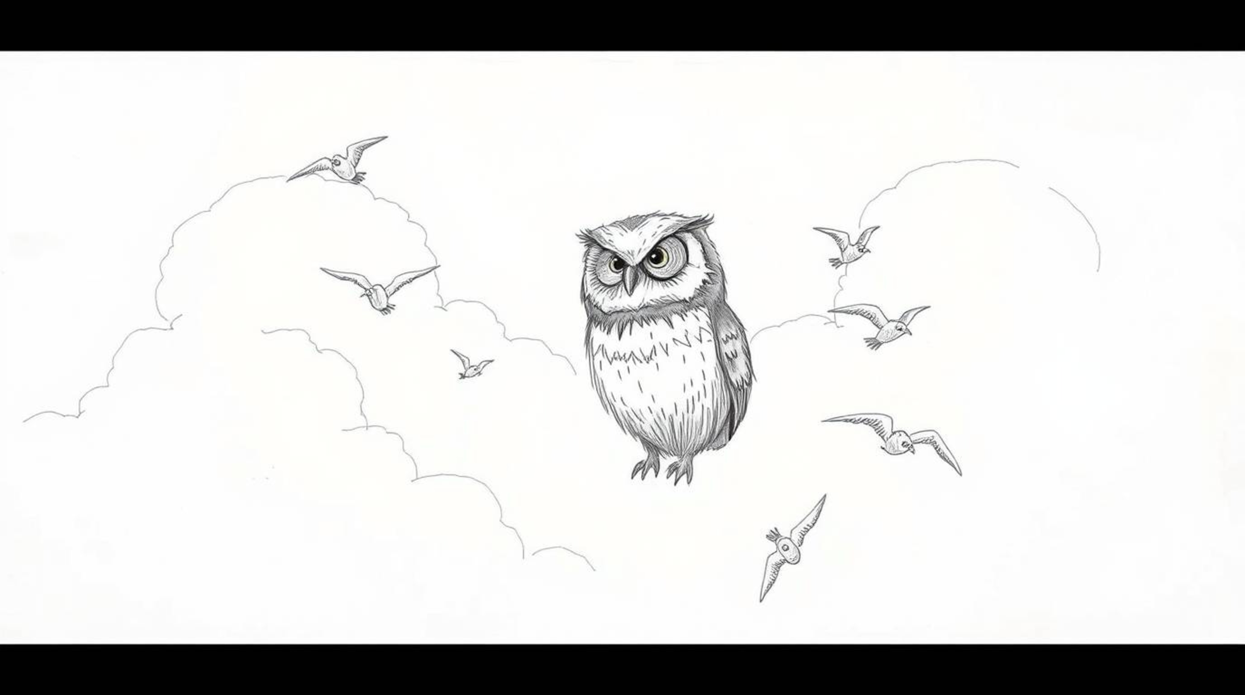 This enchanting Pixar-inspired hand-drawn sketch depicts a blind owl with detailed feathers and a serene expression, teaching