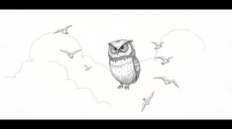 This enchanting Pixar-inspired hand-drawn sketch depicts a blind owl with detailed feathers and a serene expression, teaching