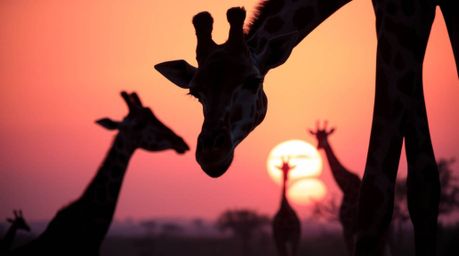 Experience the magic of a savanna sunset in this tight close-up shot featuring silhouetted giraffes against a backdrop of war