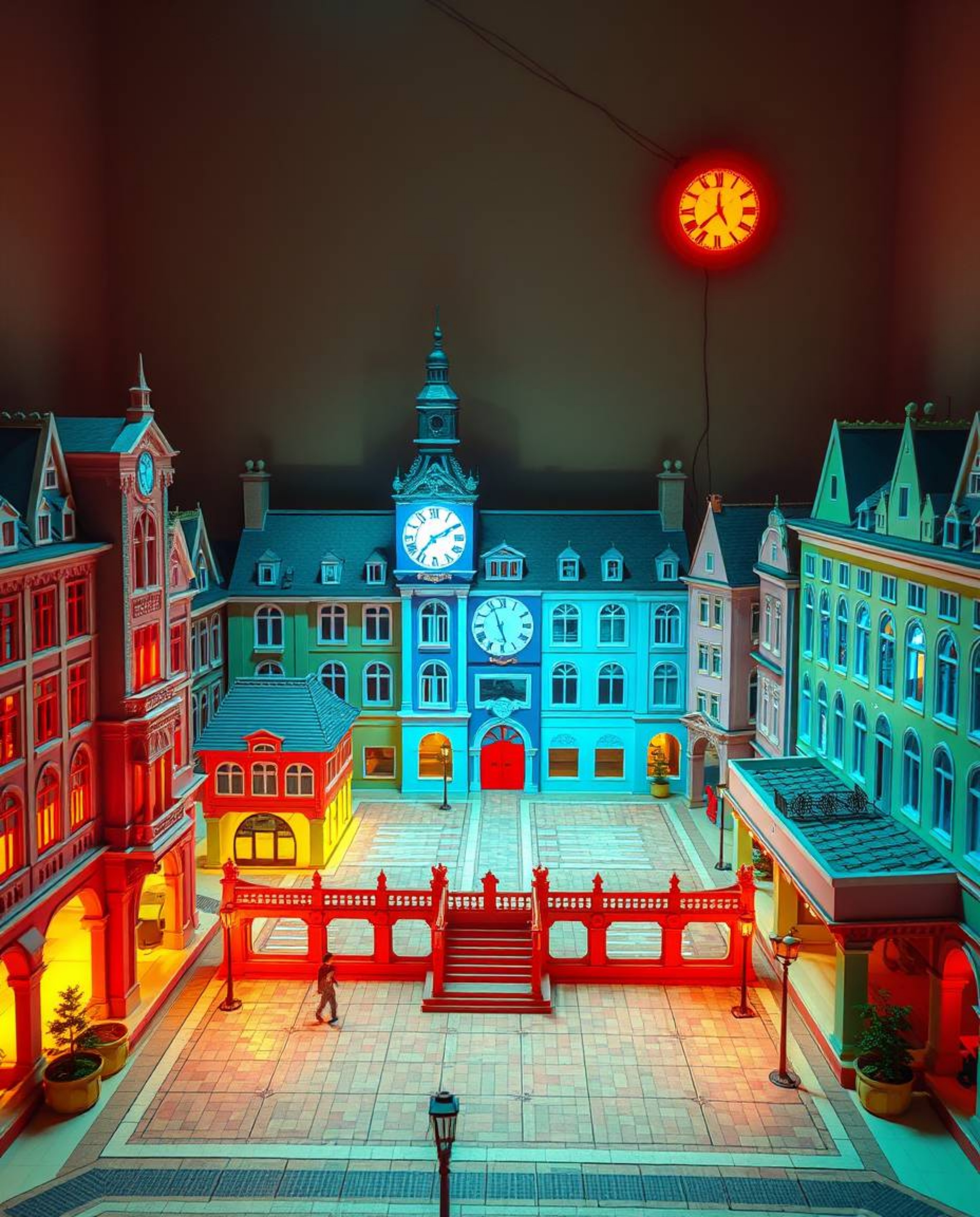 A scene depicting intricate origami style with electric vivid colors, set in an empty town square. The image emphasizes geome