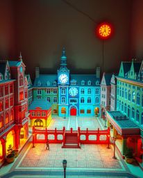 A scene depicting intricate origami style with electric vivid colors, set in an empty town square. The image emphasizes geome