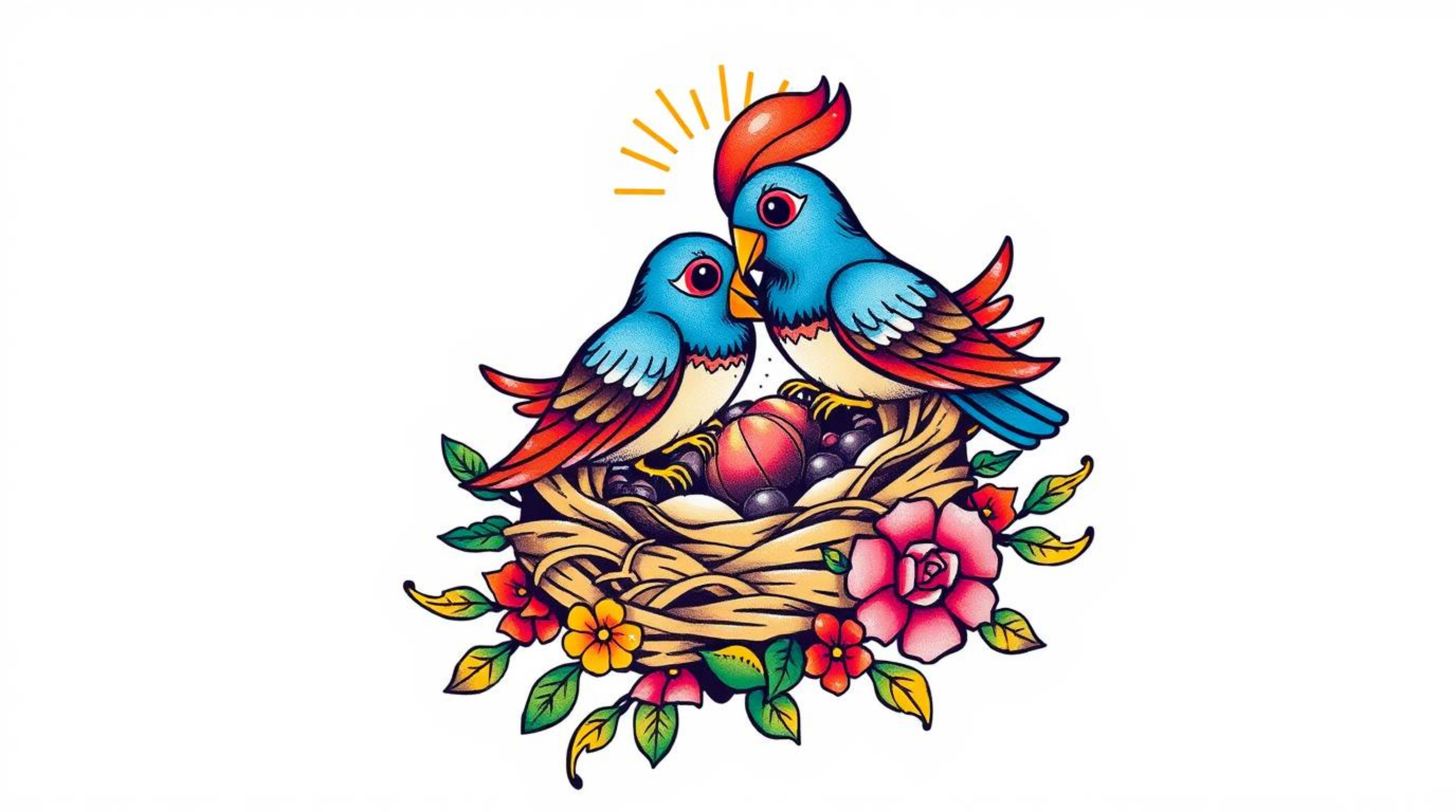 This artwork features a symbolic traditional tattoo art print showcasing two cartoon birds diligently building a nest. Render