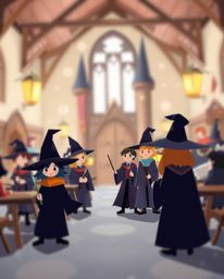 This modern flat design illustration depicts a magical school teeming with young wizards. The artwork features a blurred boke