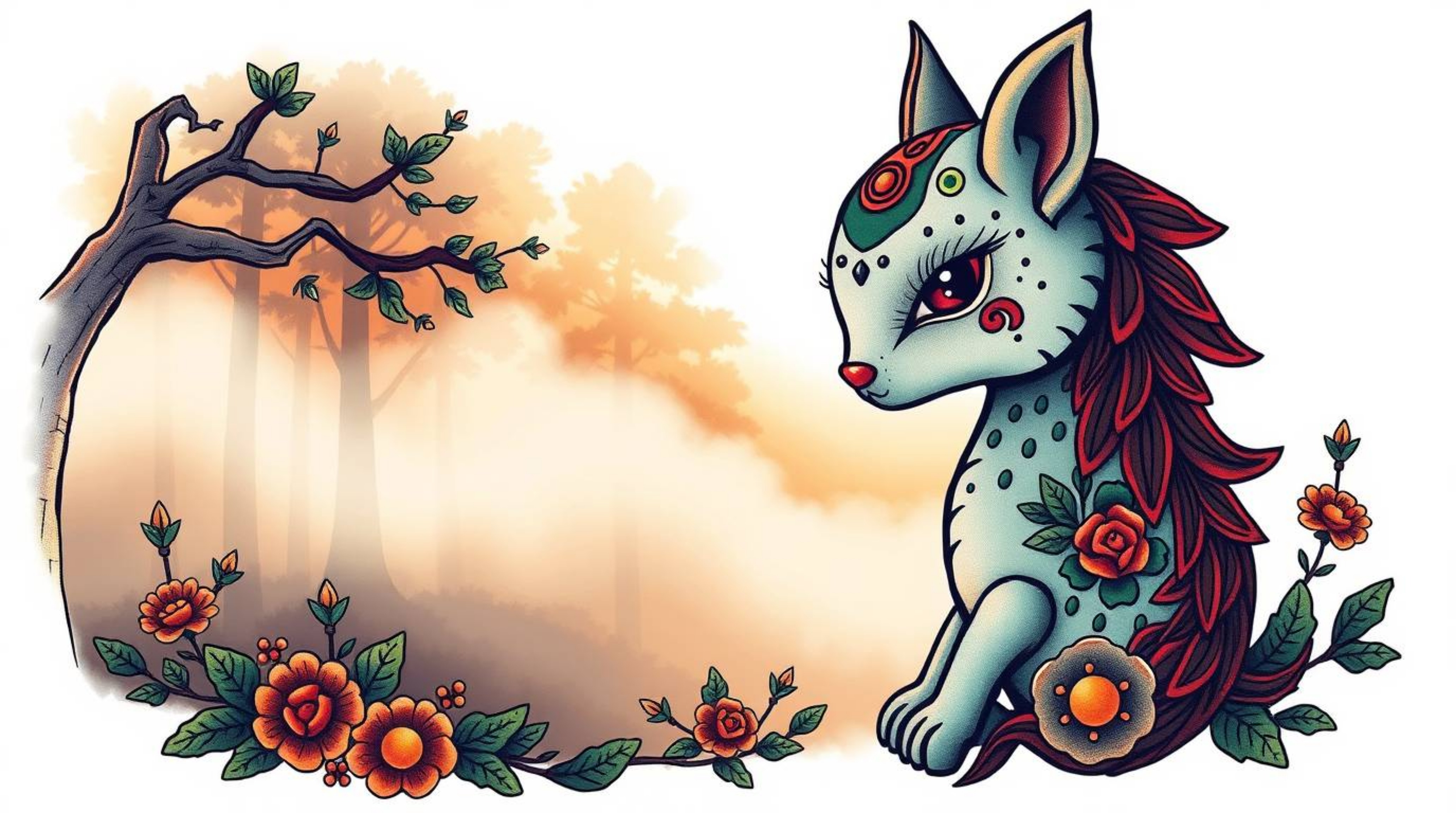 Explore a collection of traditional tattoo art prints featuring gentle, soft light and mist rising from a golden hour forest.