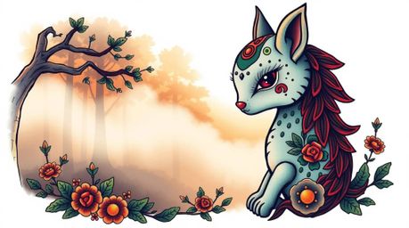 Explore a collection of traditional tattoo art prints featuring gentle, soft light and mist rising from a golden hour forest.