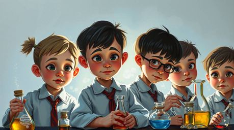 A vibrant and textured acrylic painting depicting a group of quirky children in school uniforms enthusiastically conducting e