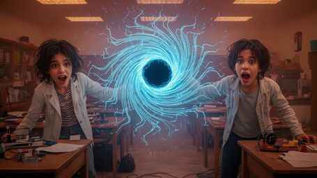 A vibrant and dynamic cinematic photograph of two excited and bewildered science fair participants, likely in their mid-teens