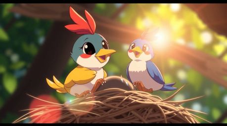 A captivating image showcasing two cartoon birds diligently constructing a nest. Rendered in a vibrant Isekai anime style, t