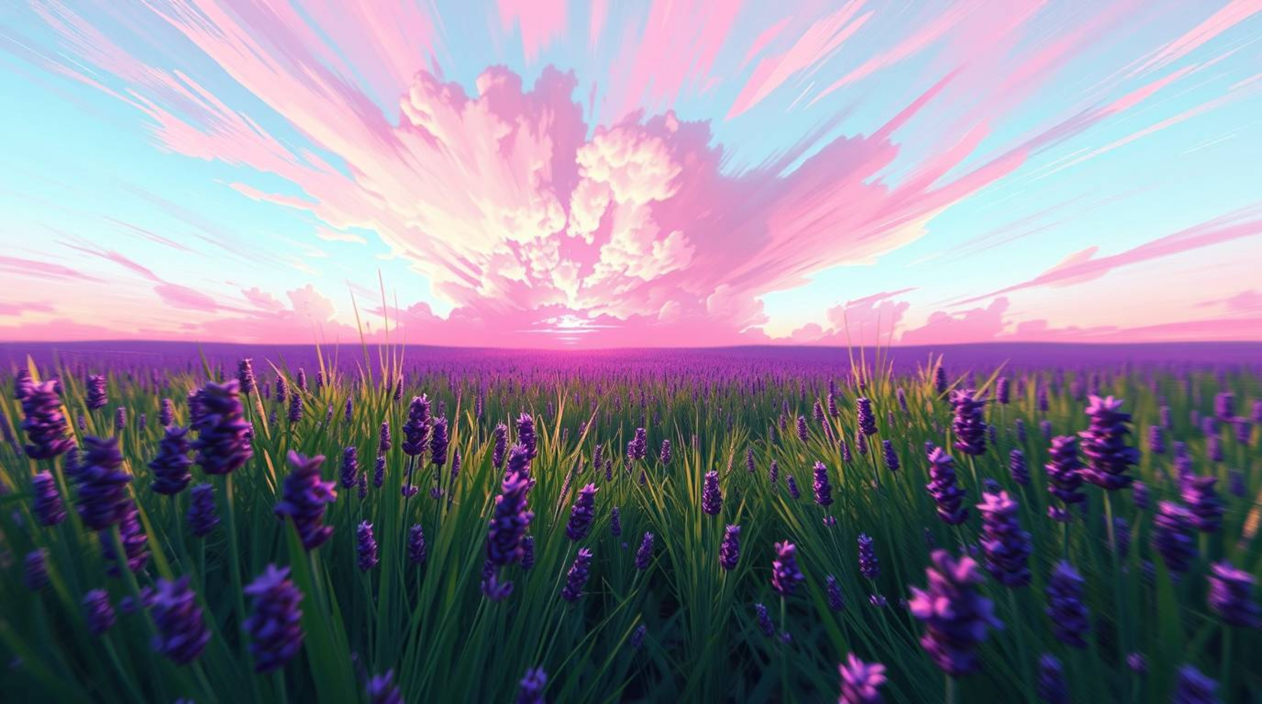 A dynamic digital painting captures a lavender field bathed in the ethereal glow of a dreamy pink sky, accentuated by strong,