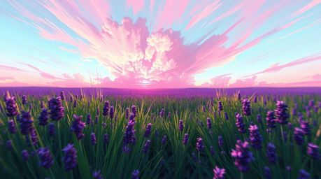 A dynamic digital painting captures a lavender field bathed in the ethereal glow of a dreamy pink sky, accentuated by strong,