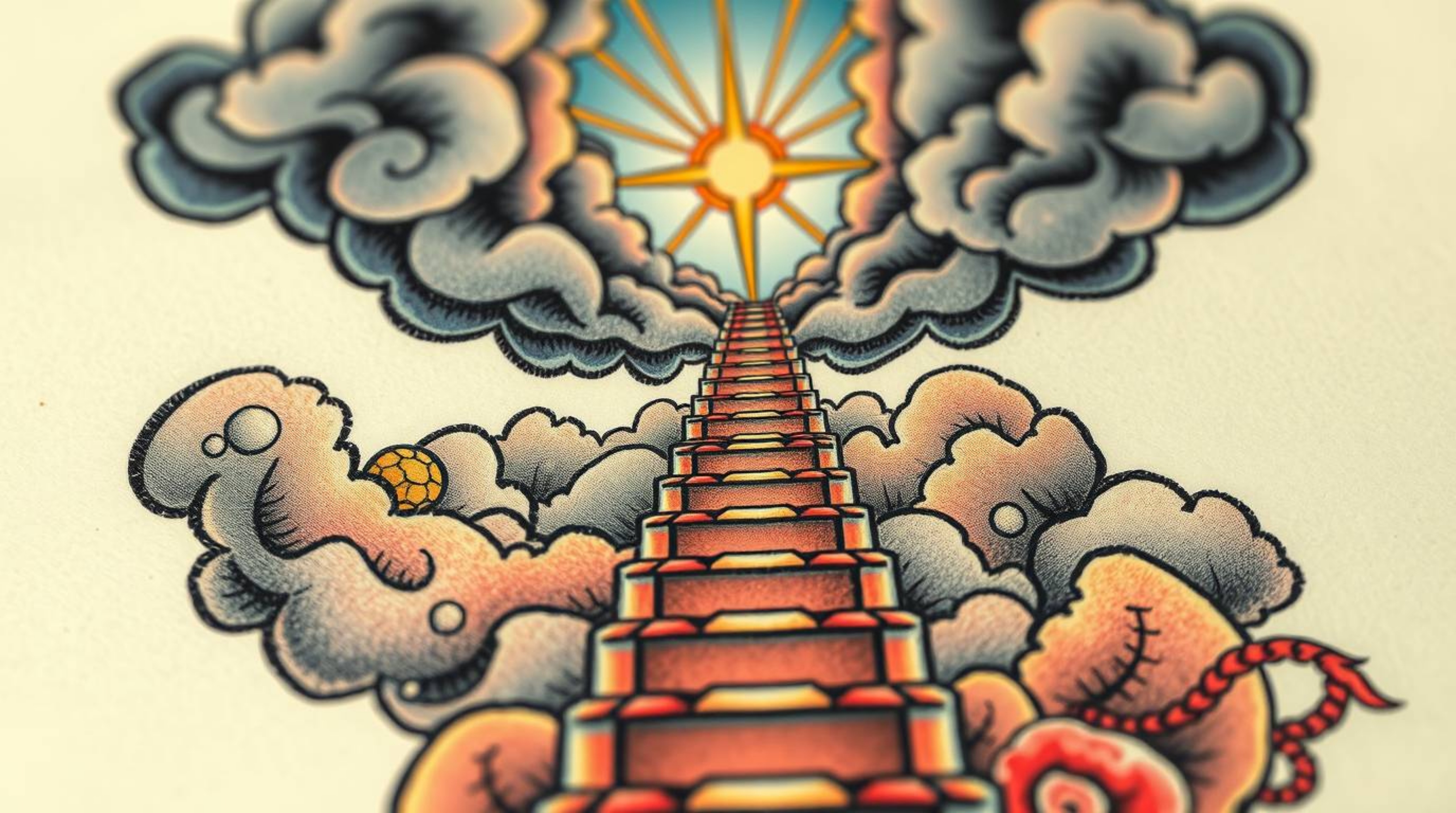 Explore an extreme macro close-up of a symbolic traditional tattoo art print, showcasing a detailed surreal stairway ascendin