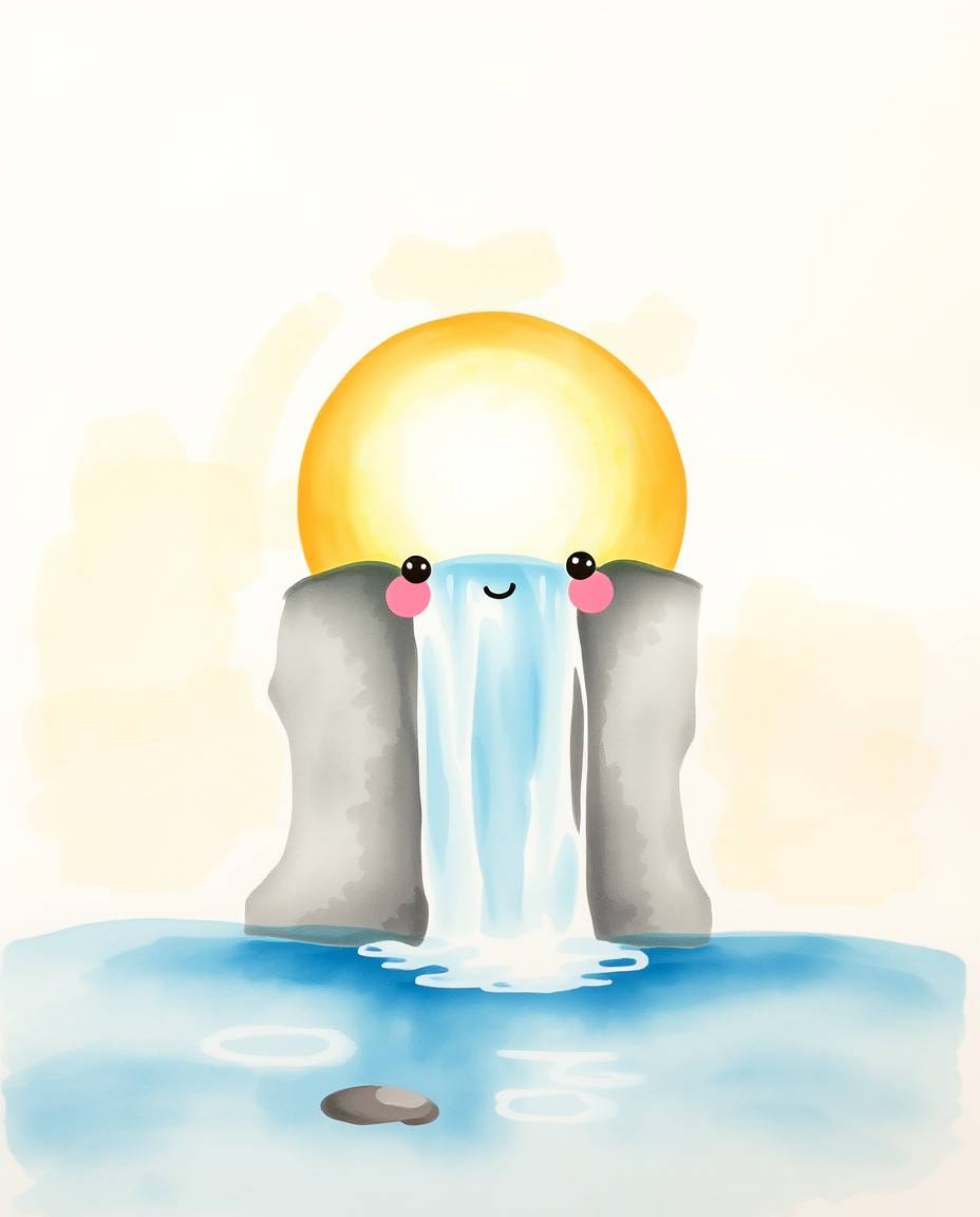 A delicate watercolor painting of an adorable, charming sun setting behind a waterfall. The artwork is characterized by its t