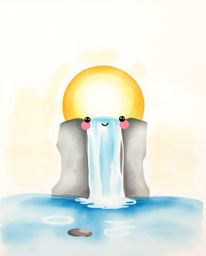 A delicate watercolor painting of an adorable, charming sun setting behind a waterfall. The artwork is characterized by its t