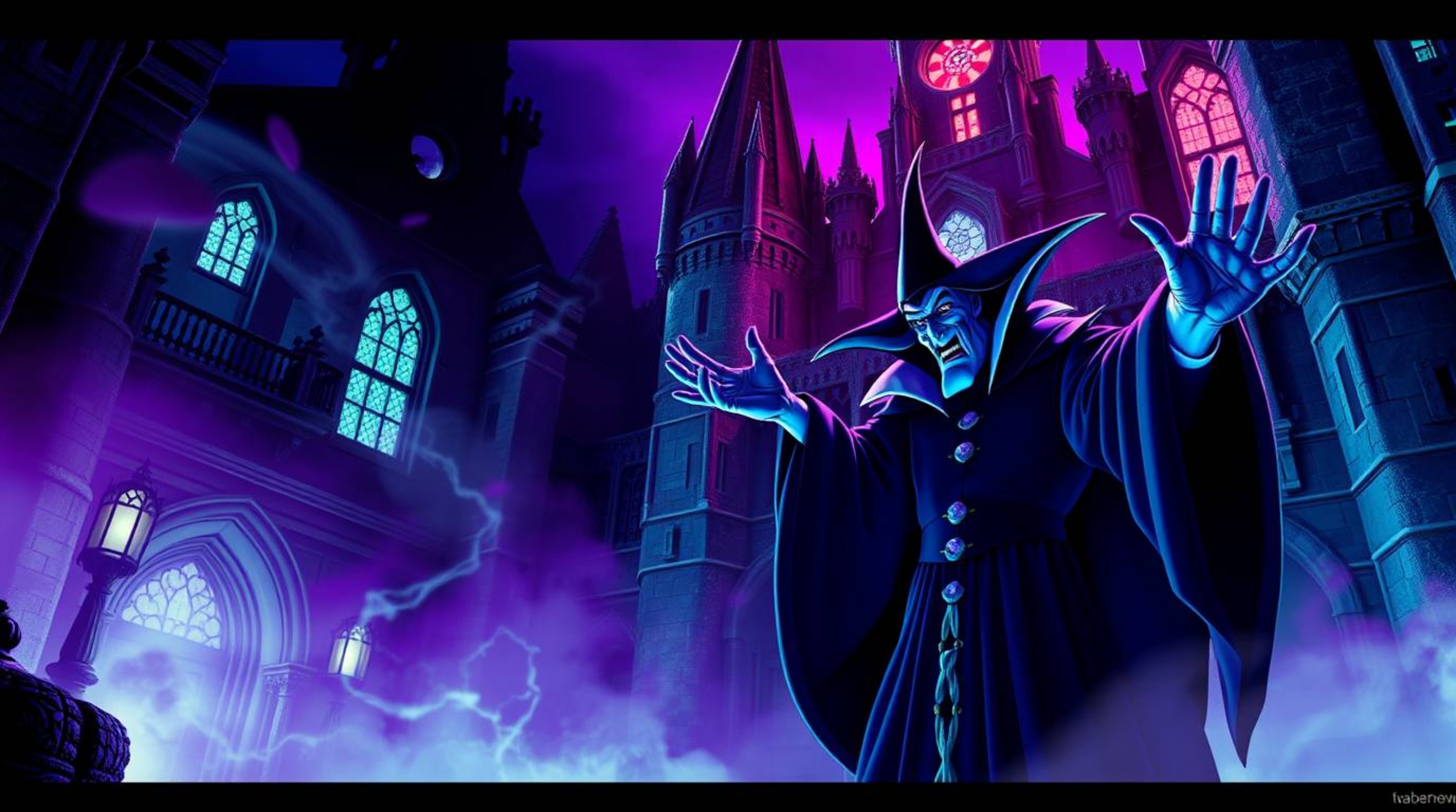 A captivating image depicts a classic Disney villain casting a spell within an ancient castle.  Rendered in deep ultraviolet 