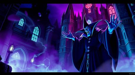 A captivating image depicts a classic Disney villain casting a spell within an ancient castle.  Rendered in deep ultraviolet 