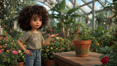 A high-resolution, commercial-quality stock photo depicting a whimsical, Pixar-style scene in a lush greenhouse. A bright-eye