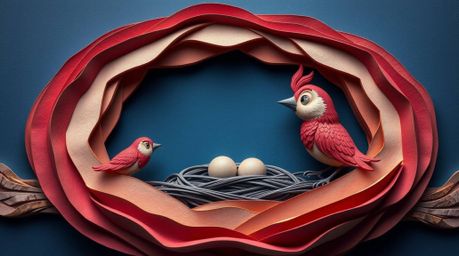 A sophisticated and elegant design featuring two cartoon birds meticulously building a nest. Created using layered papier-mâ