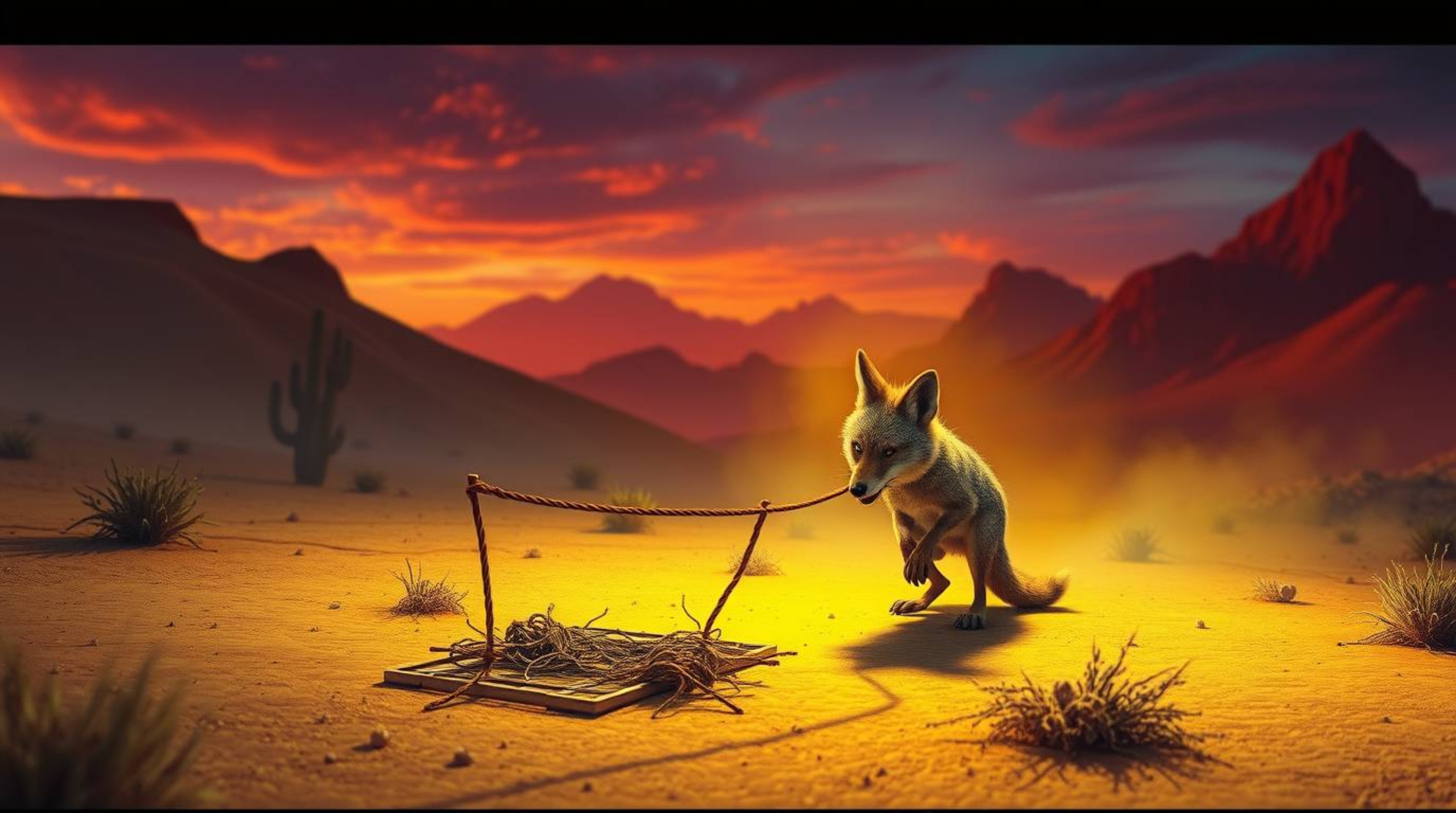 This digital painting depicts a coyote in a desert setting, constructing a ridiculously elaborate trap. The artwork is render