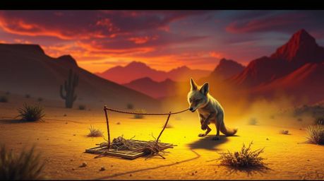 This digital painting depicts a coyote in a desert setting, constructing a ridiculously elaborate trap. The artwork is render
