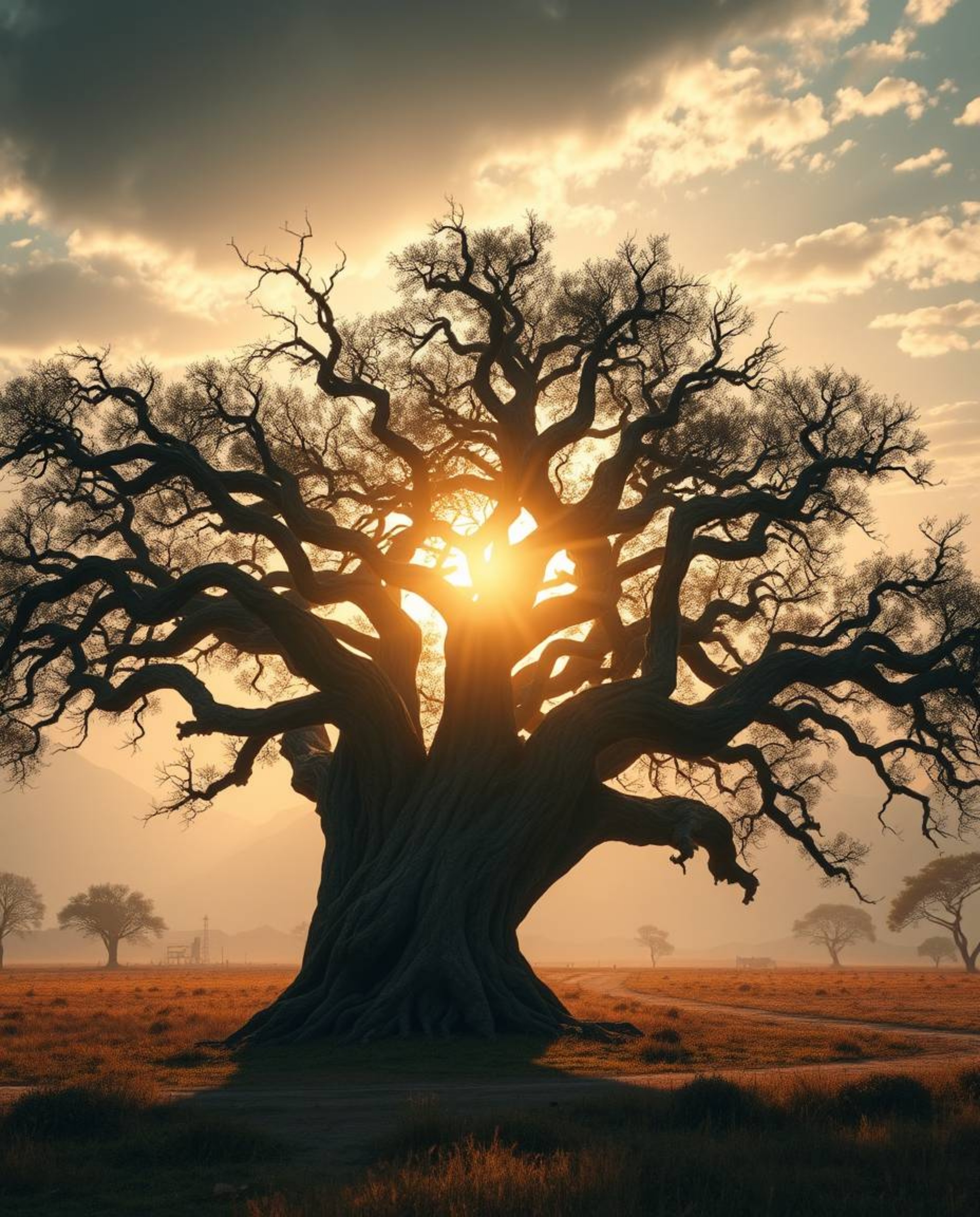 An epic, futuristic scene featuring a sunset behind an old oak tree with twisted branches. This image stands out with its use