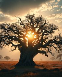 An epic, futuristic scene featuring a sunset behind an old oak tree with twisted branches. This image stands out with its use