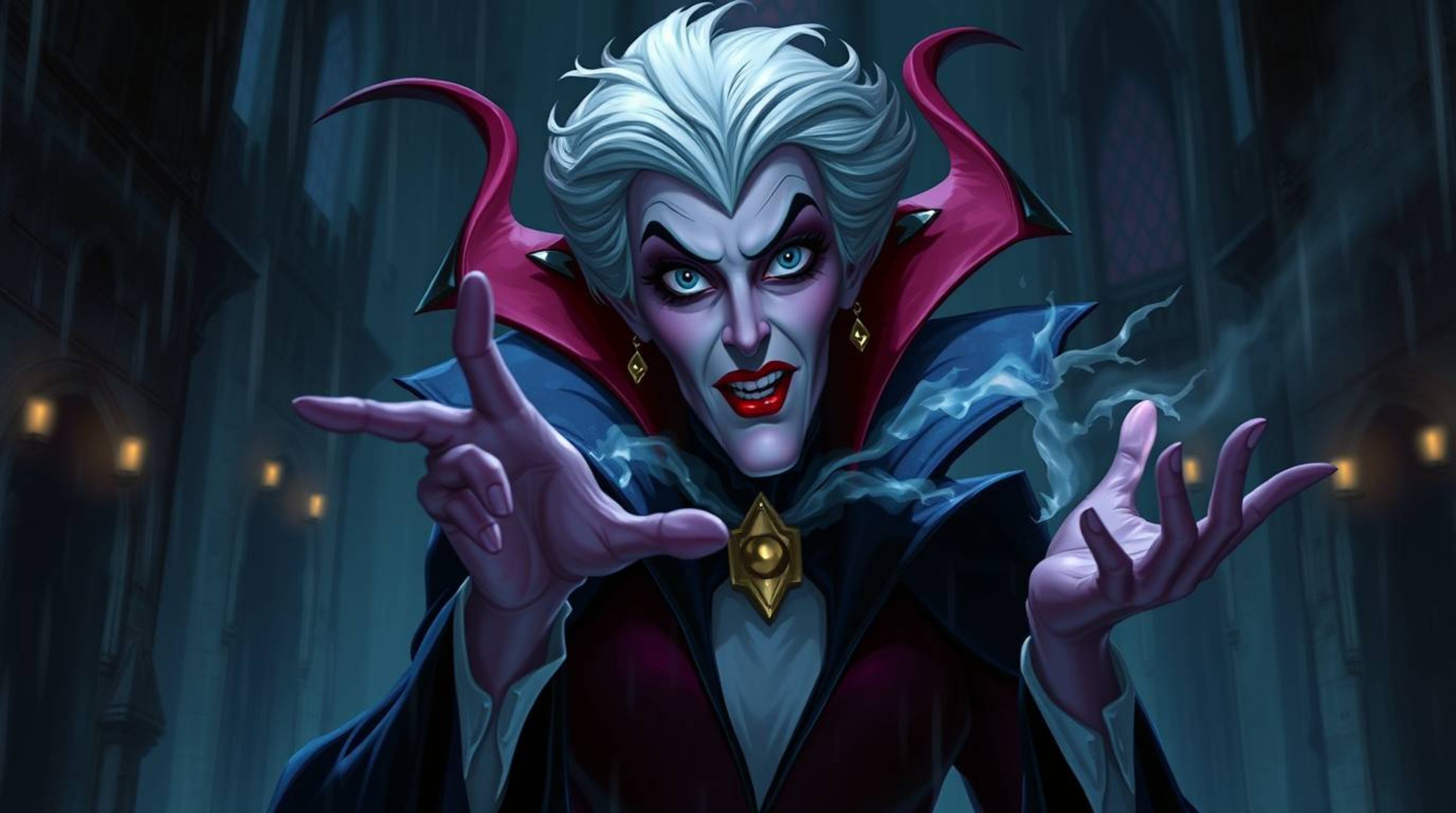 A captivating digital painting depicts a classic Disney villain with sharp features casting a spell within a gothic castle du