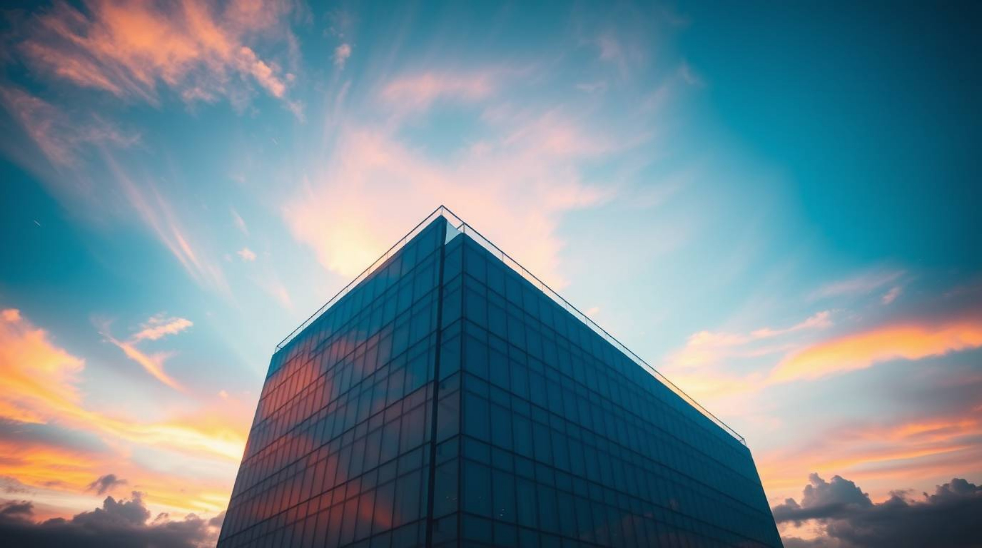A silhouetted glass building gracefully dissolves into a vibrant and colorful sky, where soft clouds seamlessly blend, creati