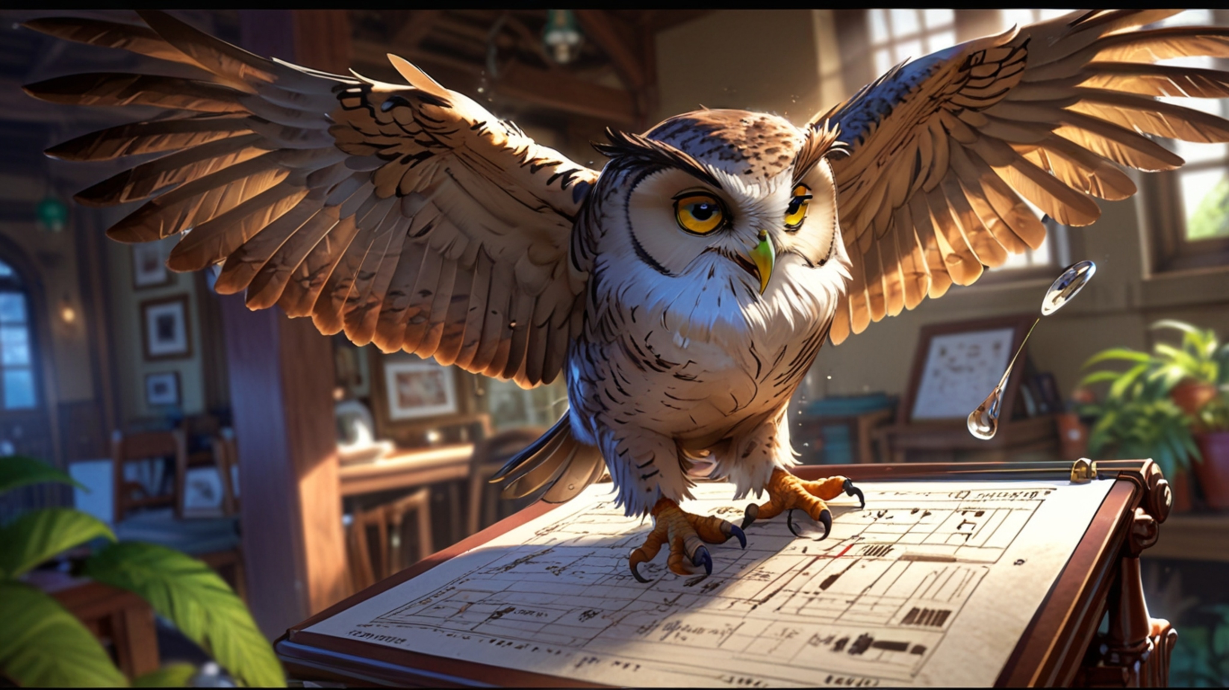 In a powerfully dignified scene, created with the emotional depth of Pixar and the stylistic flair of anime, a wise blind owl