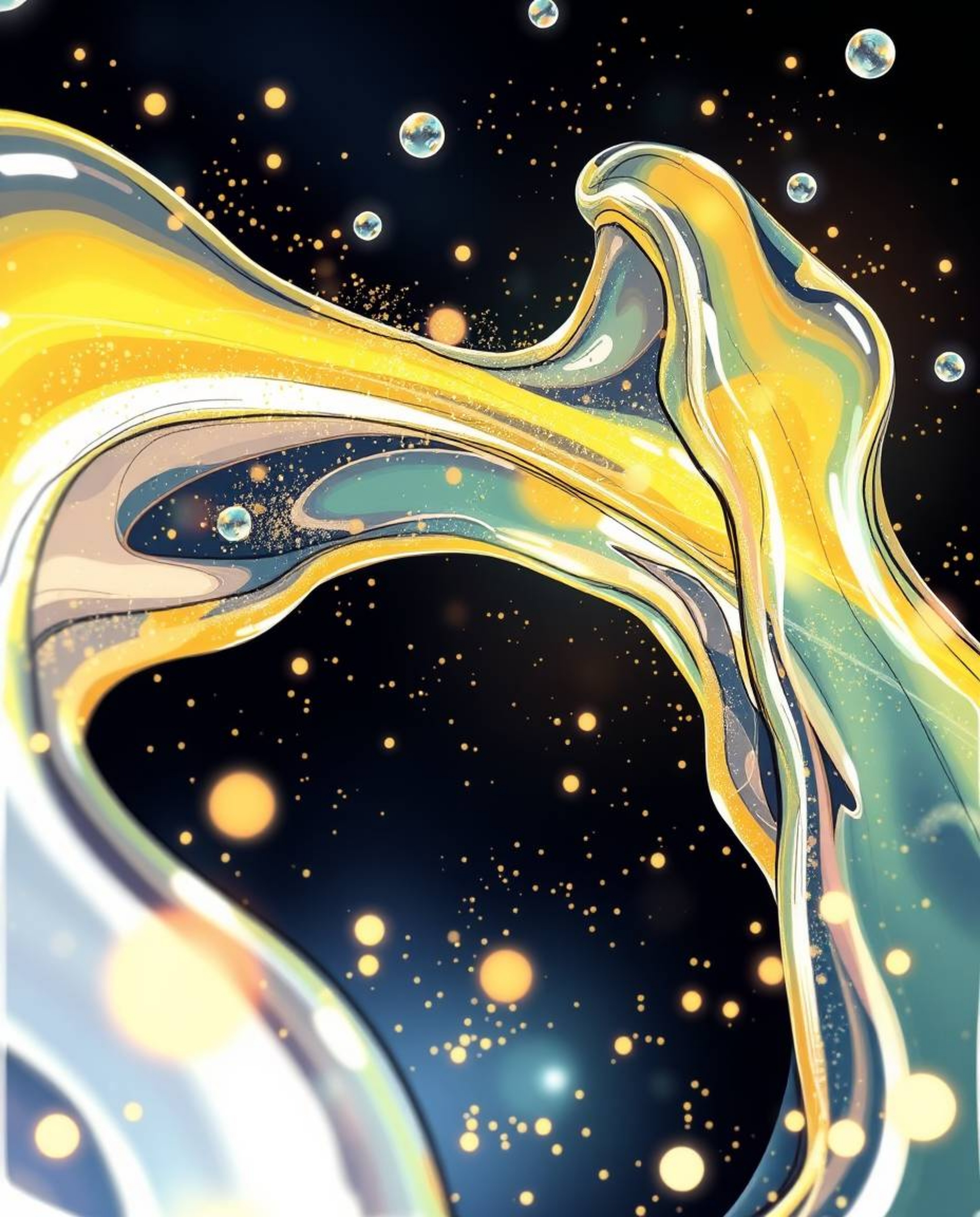 Explore high-angle, hand-drawn sketchnote style artwork featuring glassy fluid 3D shapes in dynamic motion, surrounded by mes