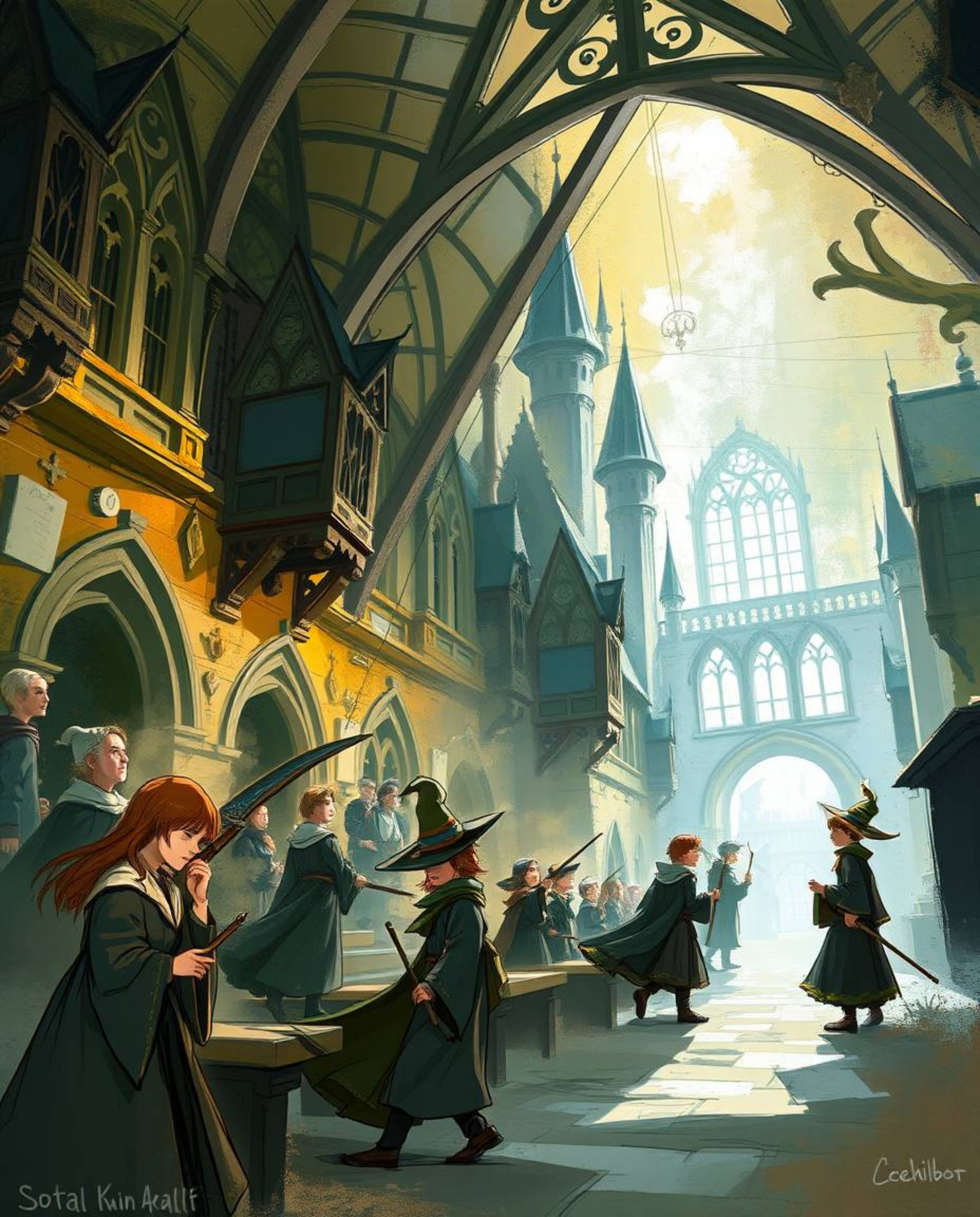 Discover a captivating digital sketch of a magical school brimming with young wizards.  This dynamic artwork features loose p