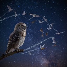 A whimsical and elegant high-fashion photography captures a blind owl, reminiscent of Pixar animation, perched on a tree bran
