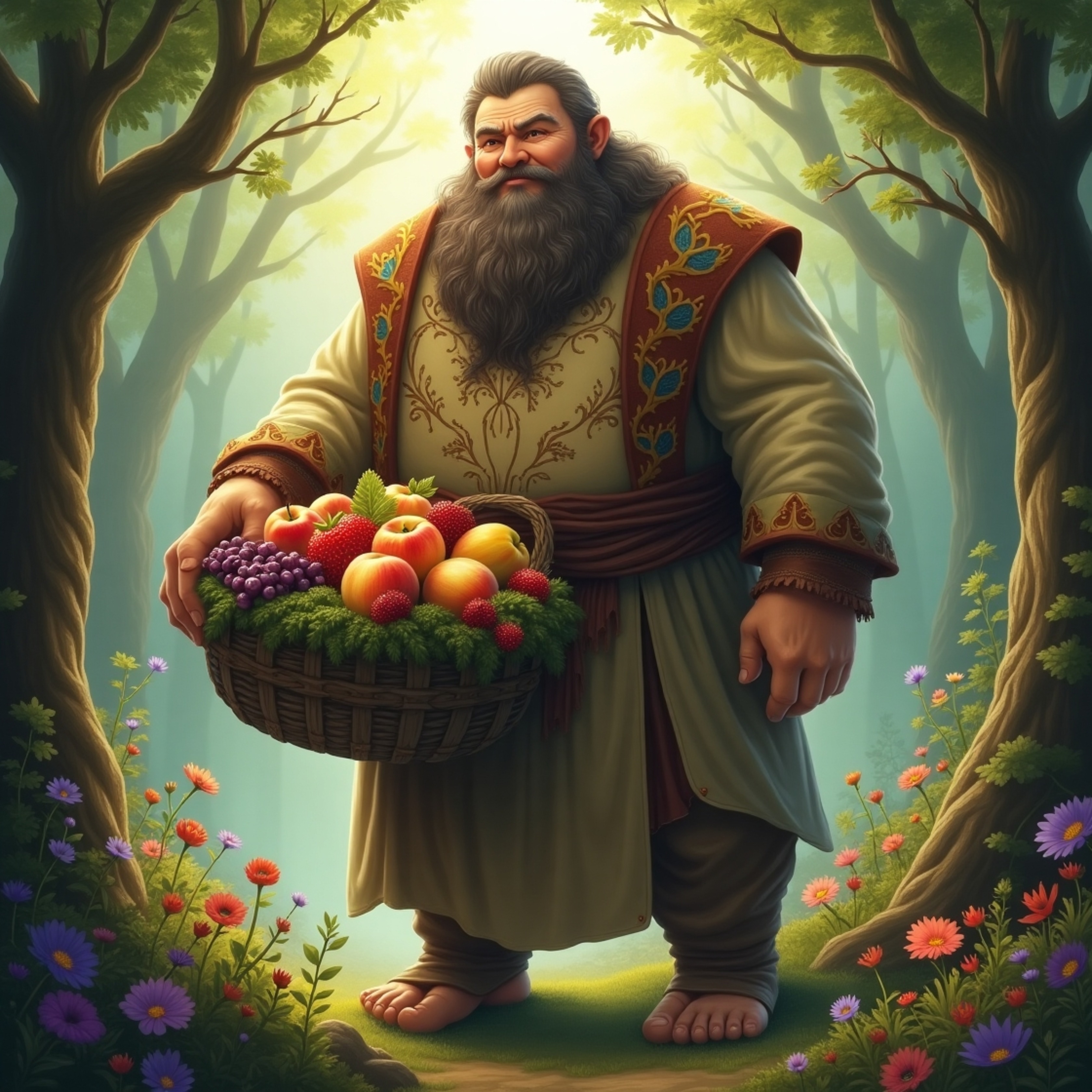 A serene and majestic gentle giant, radiating warmth and benevolence, stands amidst a lush, enchanted forest.  Adorned in a f