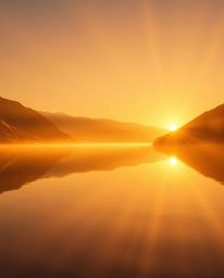 A stunning image of a glassy fjord reflecting a sunset, rendered with warm golden volumetric lighting effects. The scene powe