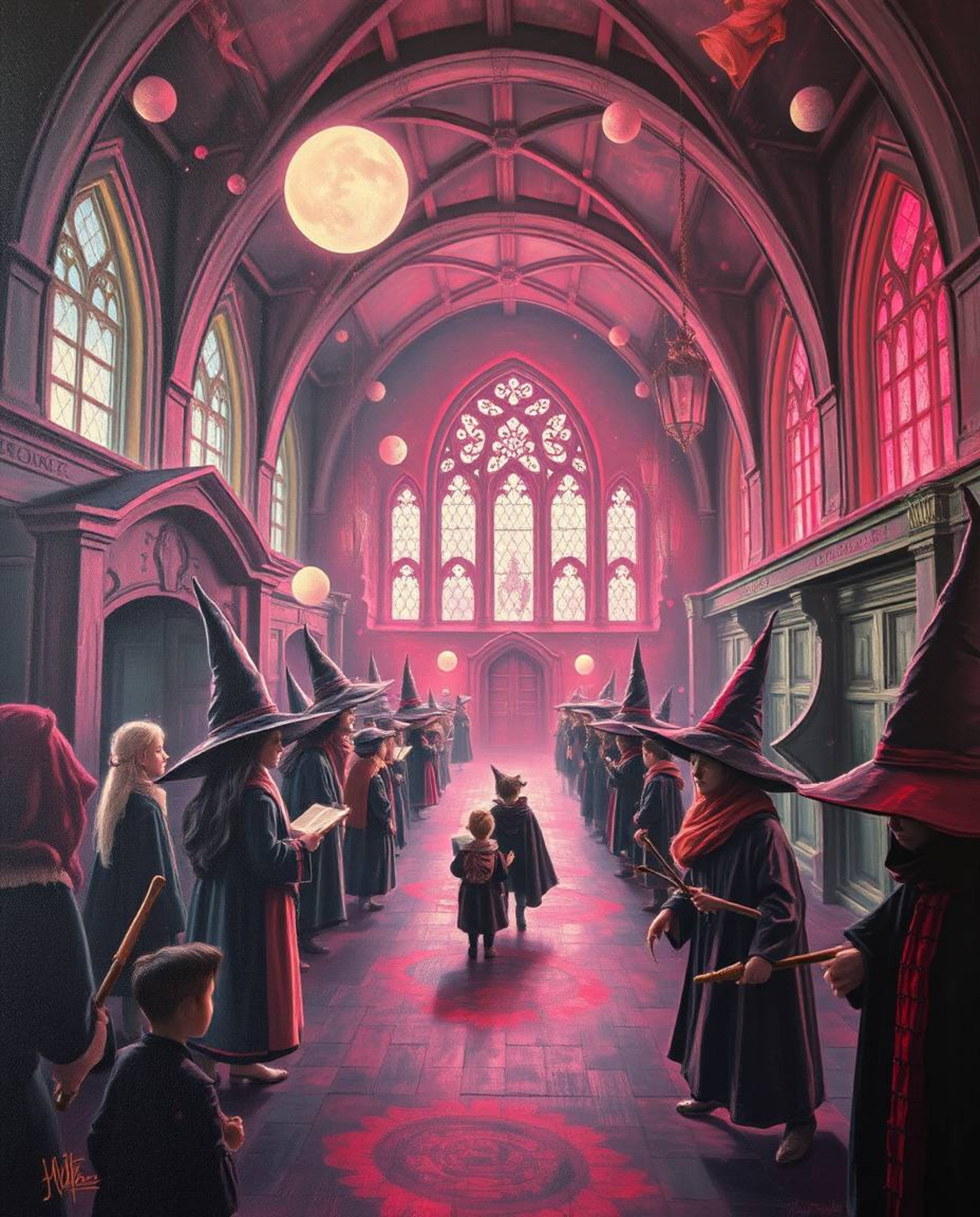 Immerse yourself in a classic oil painting style depicting a magical school brimming with young wizards. The artwork features