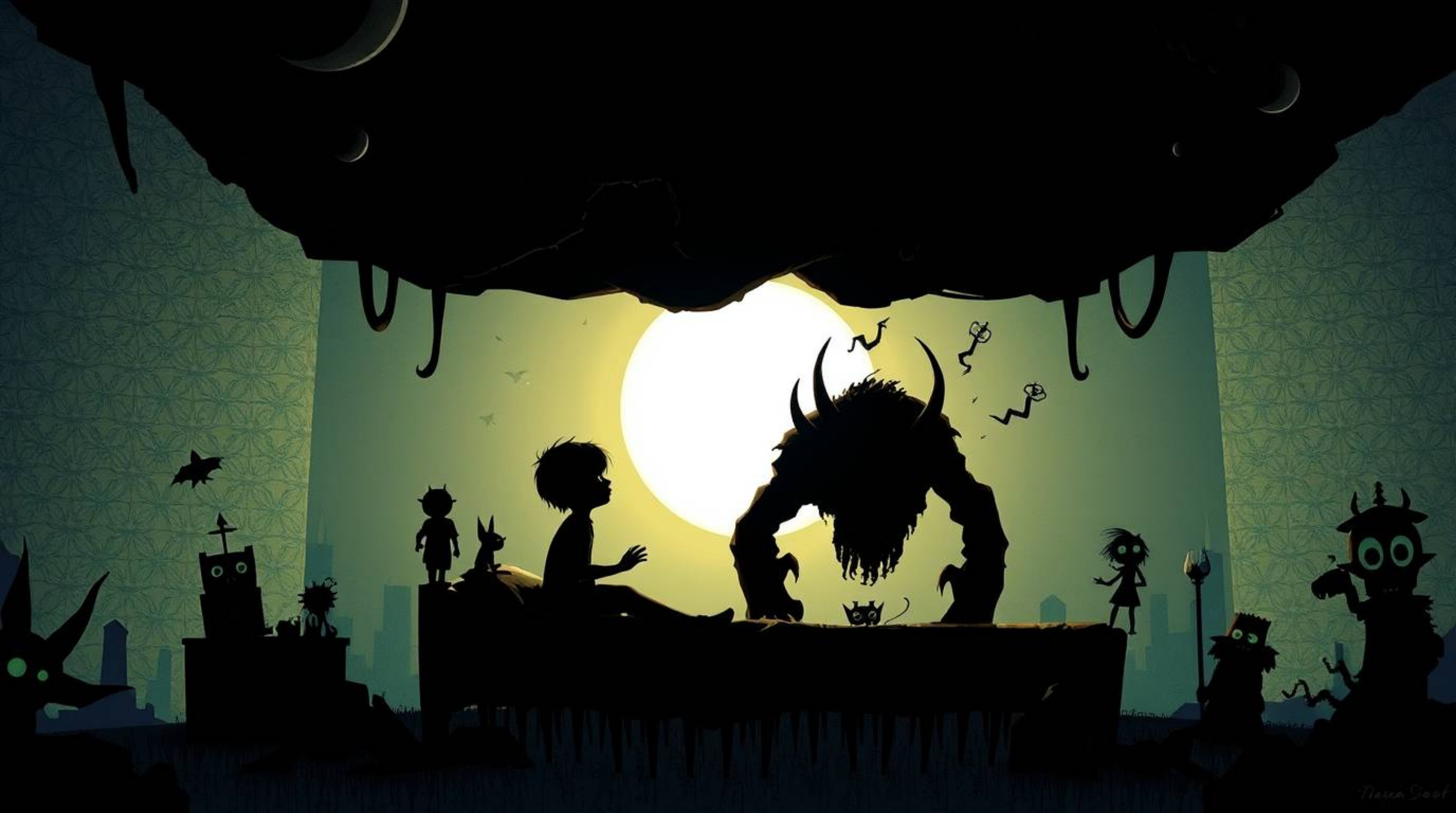 A captivating surreal illustration depicts a child and a friendly monster sharing a secret under the bed, silhouetted against