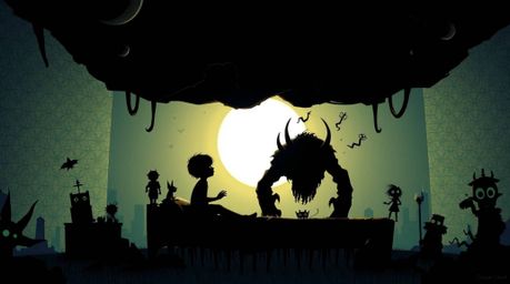 A captivating surreal illustration depicts a child and a friendly monster sharing a secret under the bed, silhouetted against