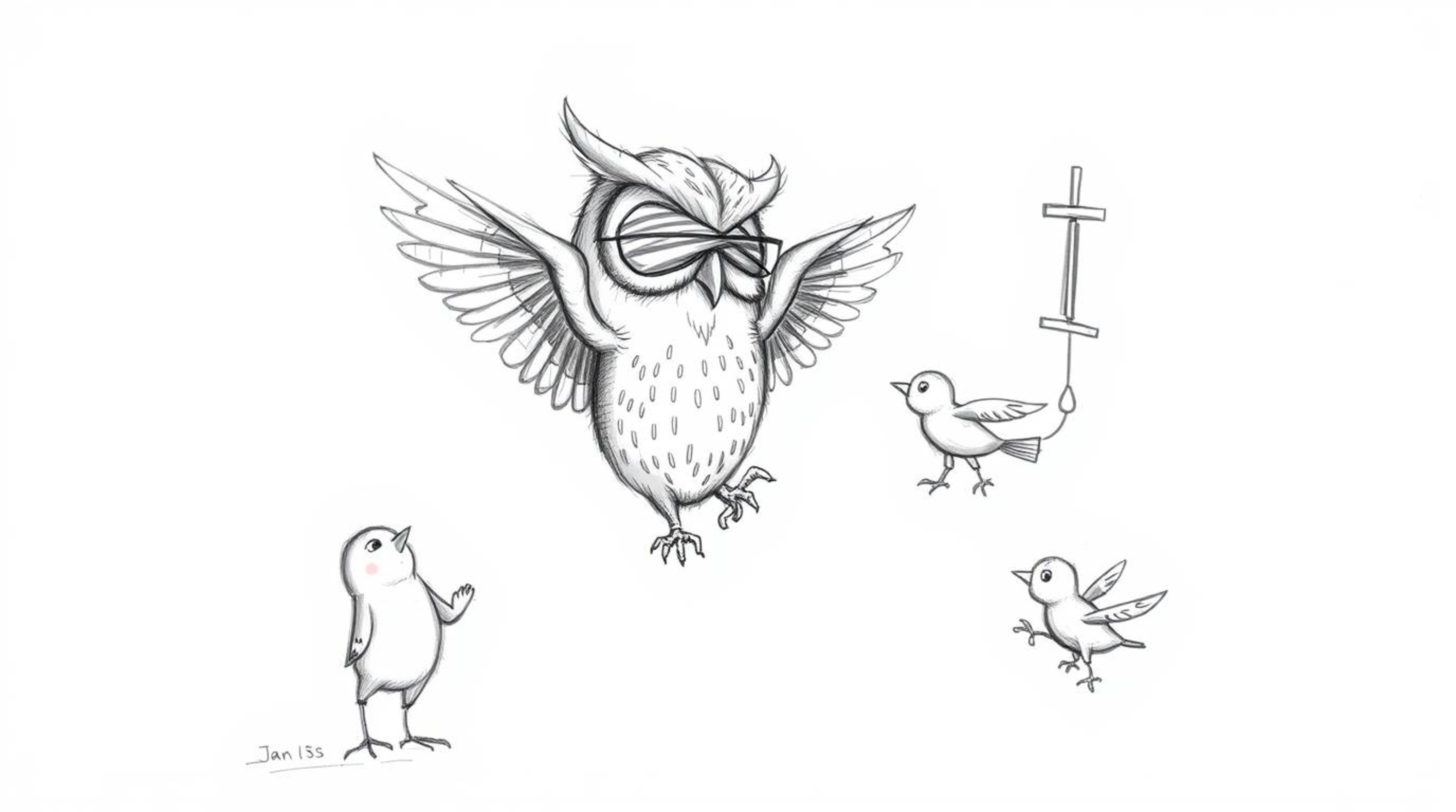A charming hand-drawn sketch in the style of Pixar depicts a blind owl, rendered with soft, feathery textures, passionately t