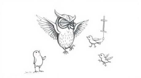 A charming hand-drawn sketch in the style of Pixar depicts a blind owl, rendered with soft, feathery textures, passionately t