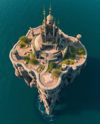 This high-resolution stock photo features a surreal floating island with intriguing architecture, captured from an overhead b